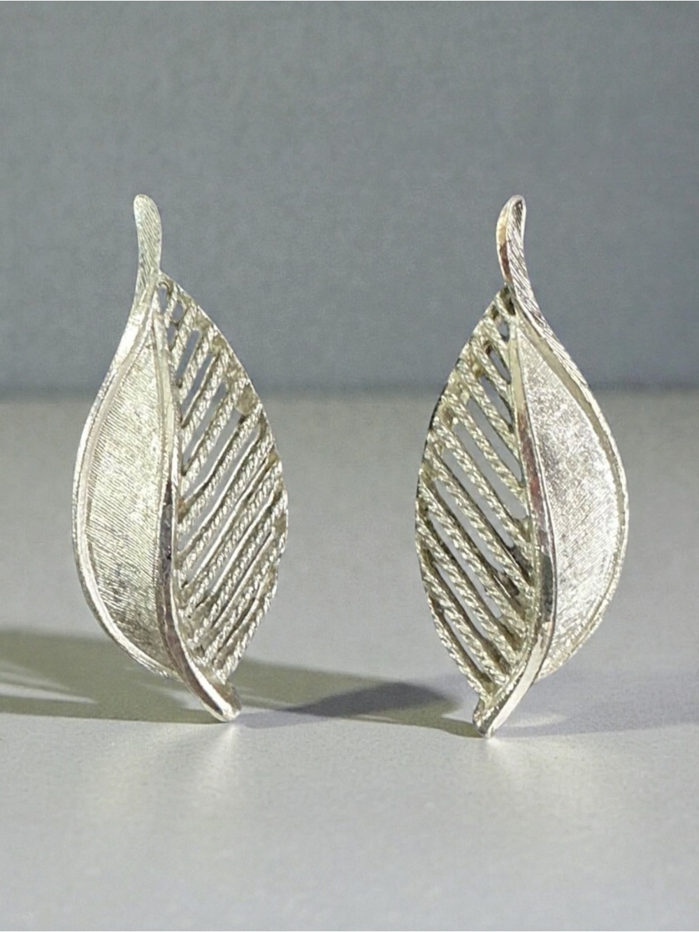 Vintage B.S.K. Silver Tone Leaf Clip On Earrings